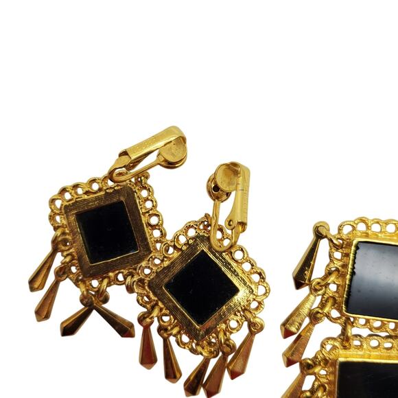 Celebrity Black White Pendant Necklace Clip Earrings Gold Fringe Retro Statement - Picture 4 of 11